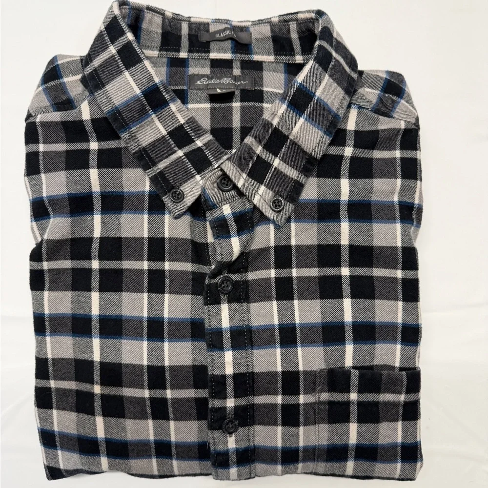 Eddie Bauer Black, Gray & Blue‎ Plaid Flannel Button-Down Shirt